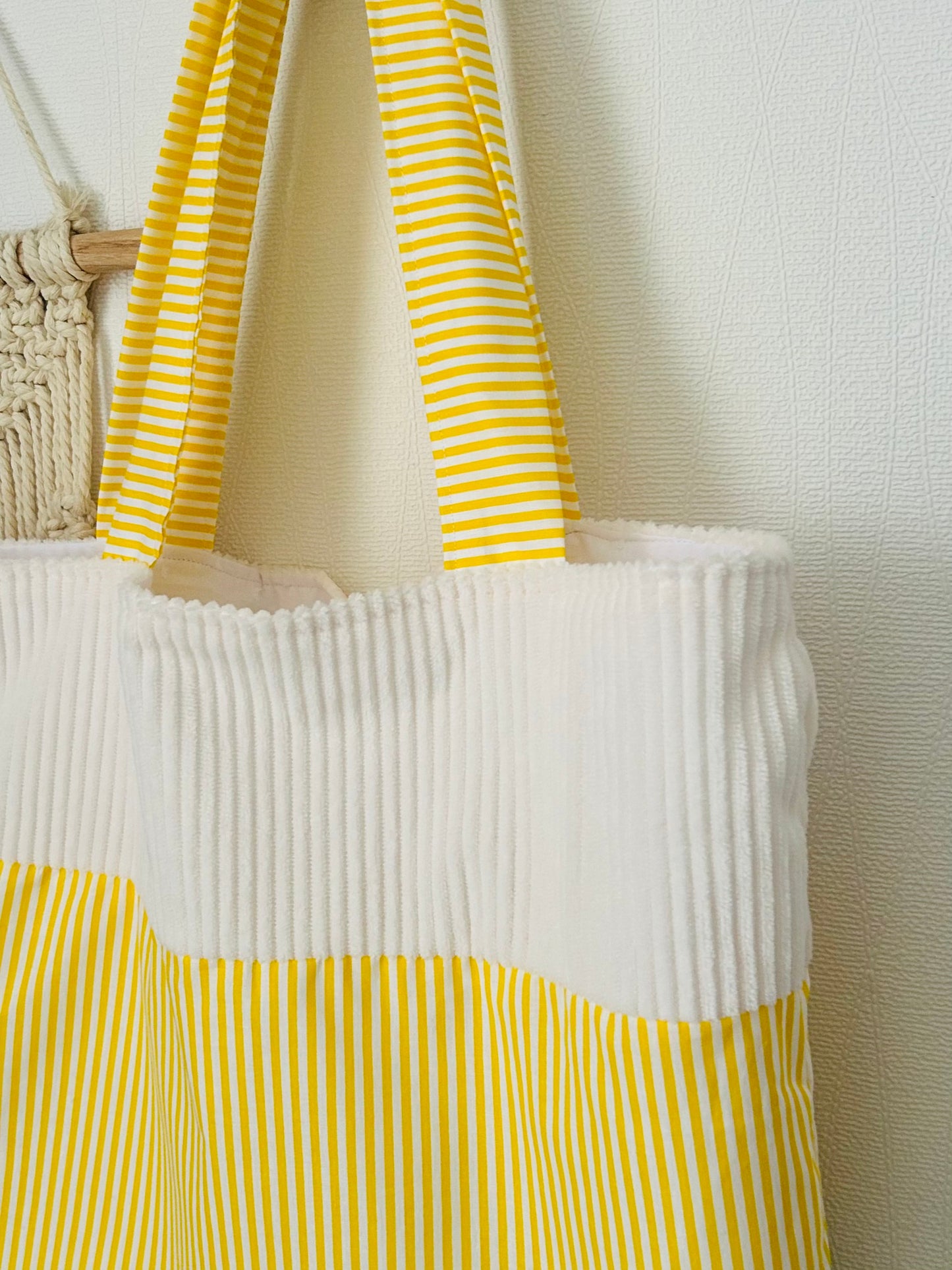 Tote bag velours jaune rayure fait main – atelier artisanal France