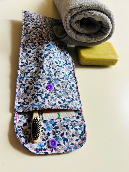 Étui Brosse à Dents Bleu Fleuri – Fait Main Zéro Déchet
