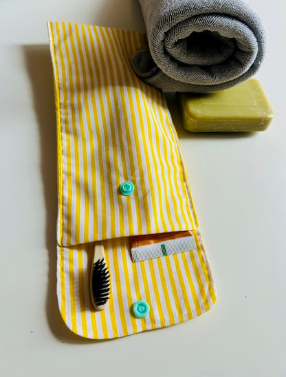 Étui brosse à dents blanc rayé jaune fait main zéro déchet
