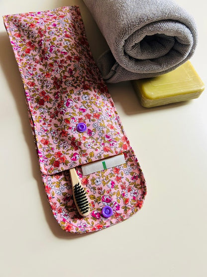 Étui brosse à dents rose fleuri fait main zéro déchet