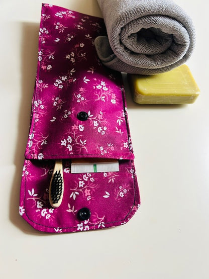 Étui brosse à dents violet fleuri fait main zéro déchet