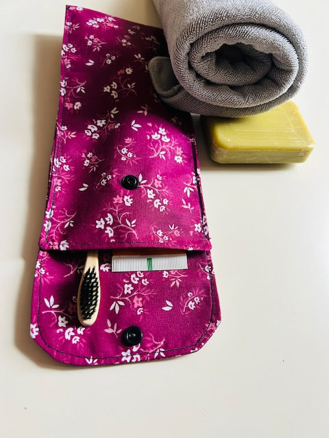 Étui brosse à dents violet fleuri fait main zéro déchet