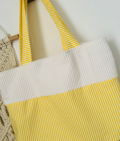 Tote bag envelours fait main motif rayé blanc jaune – fabrication artisanale française
