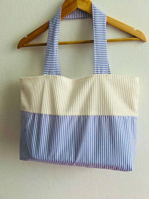 Tote bag lila raye en velours cotele fait main