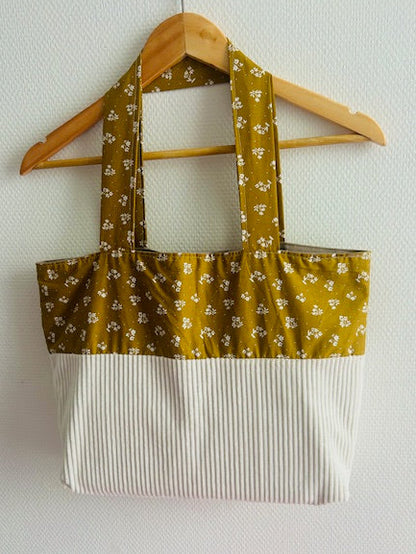 Tote bag femme chic ocre fleuri velours côtelé