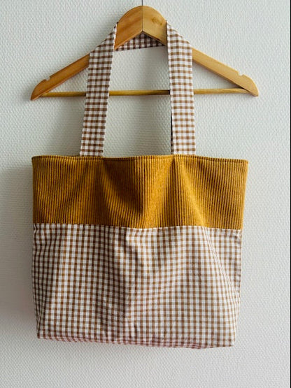 Tote bag femme style retro vichy marron velours côtelé