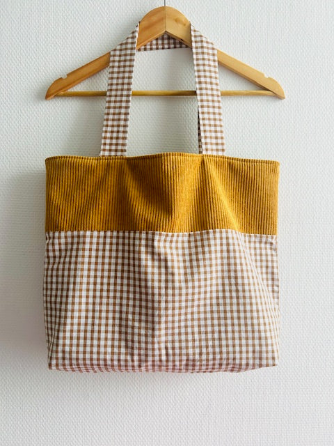 Sac cabas vichy marron et velours moutarde artisanal